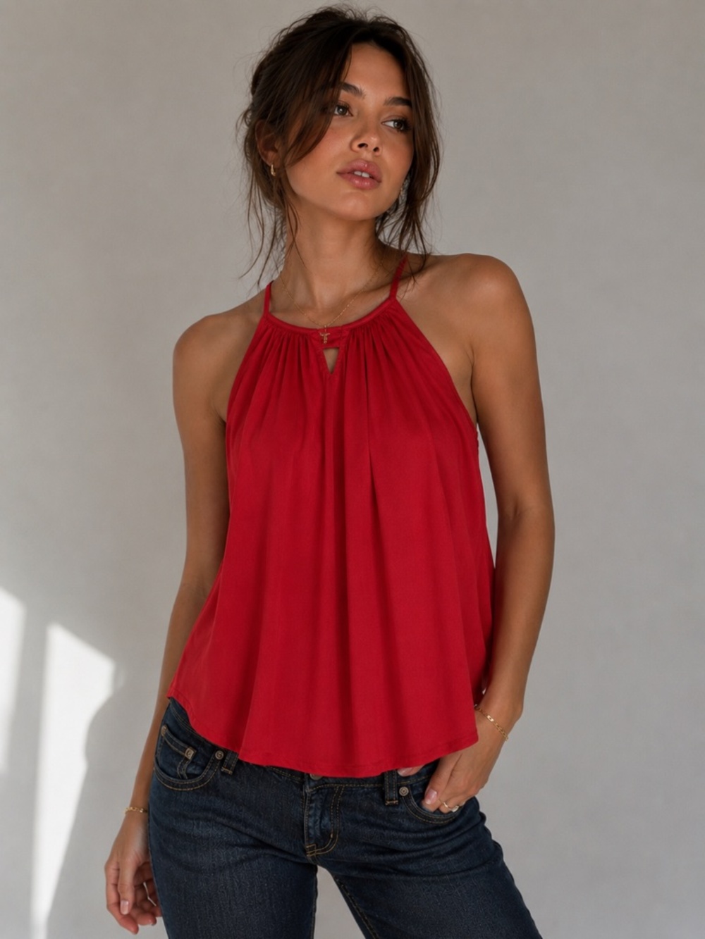 Y2K Shinestar High-Neck Keyhole Cami Blouse Office Siren Feminine